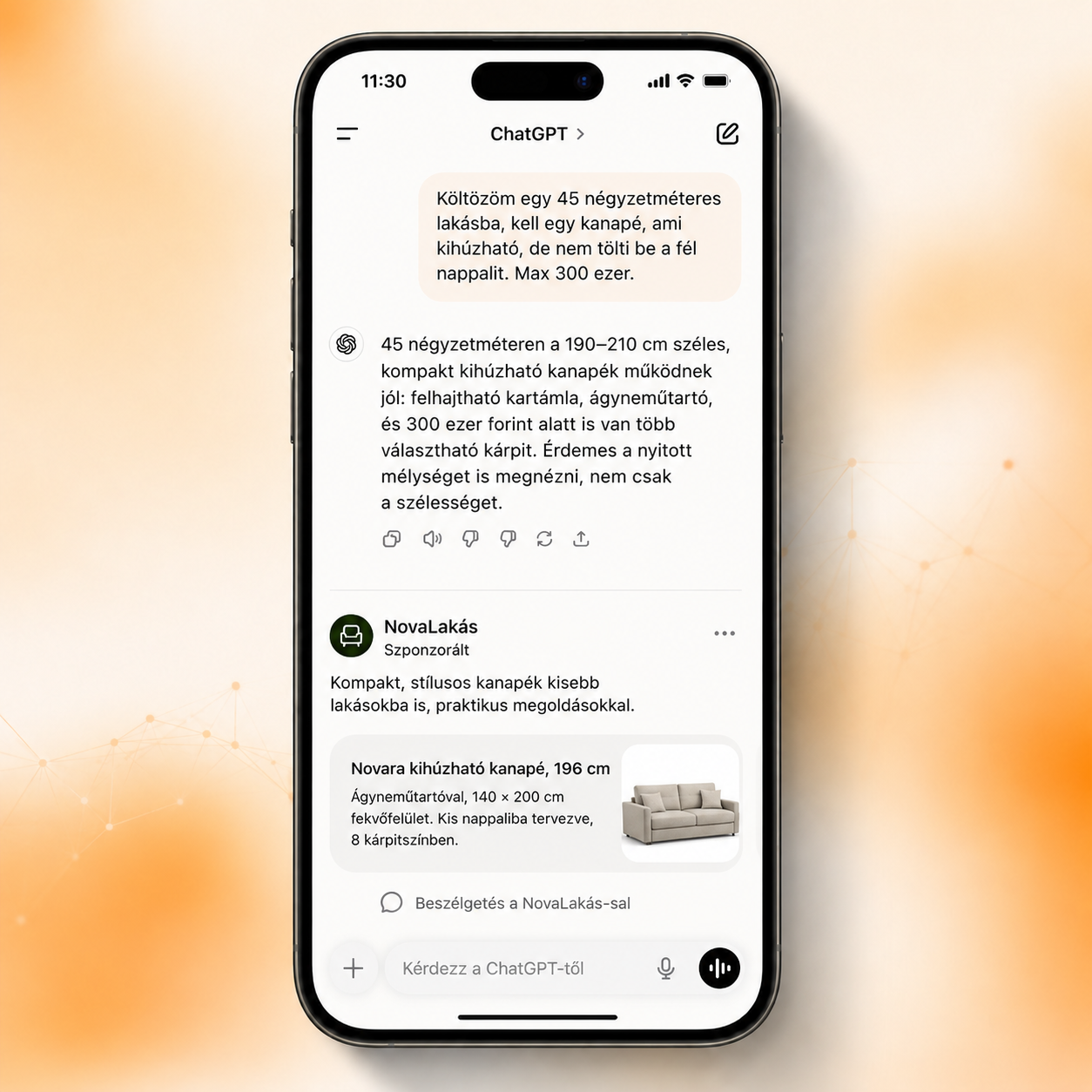 ChatGPT válasz szponzorált kanapé hirdetéssel egy mobiltelefonon